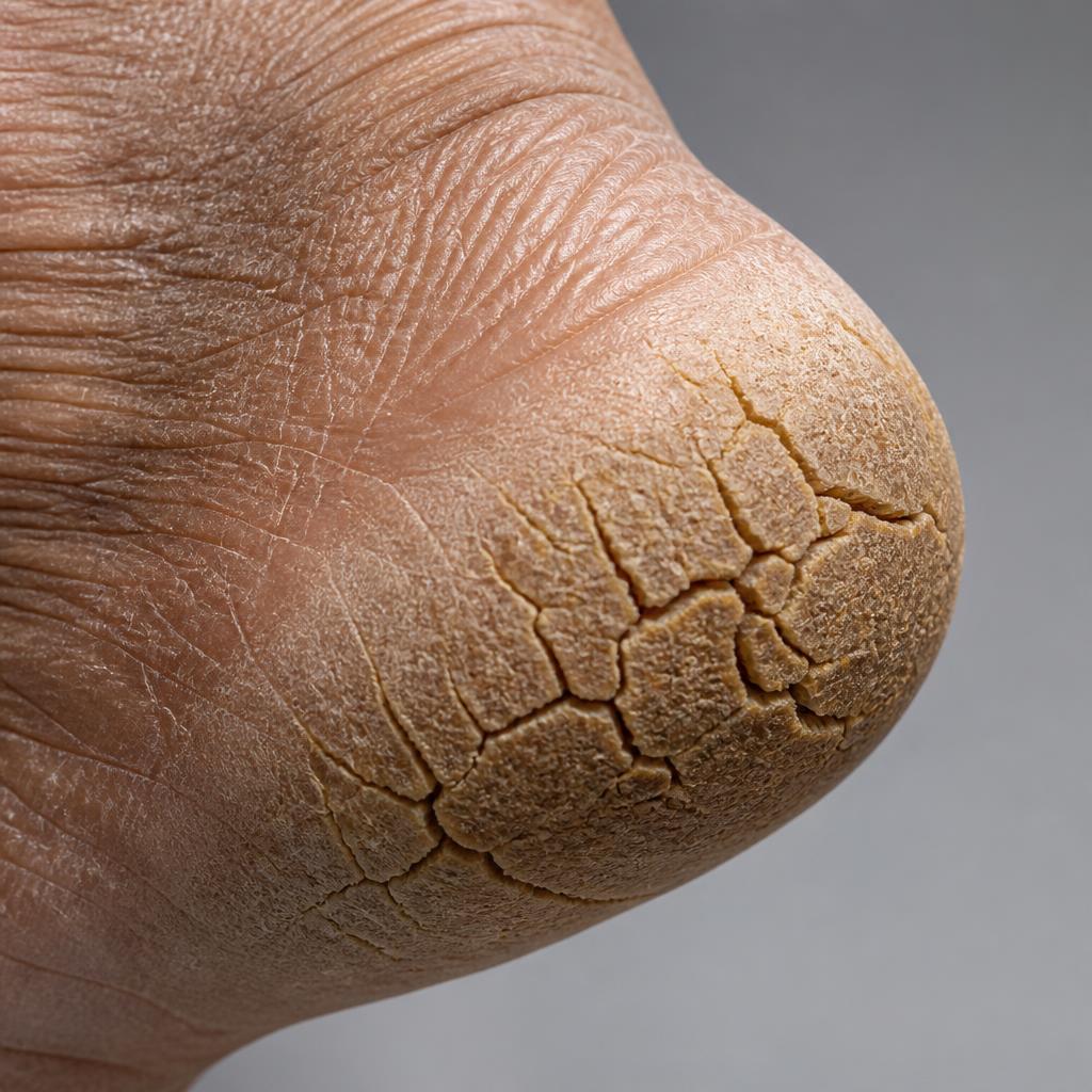 Close up of a severely cracked heel before use